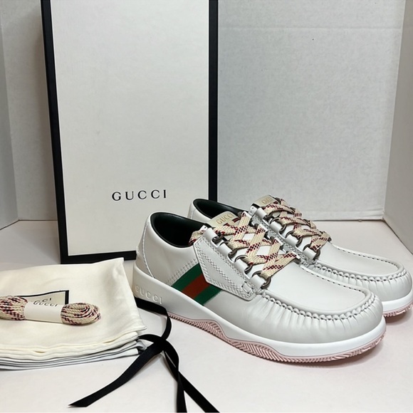 Gucci White and Green Boat Shoes - Picture 1 of 7